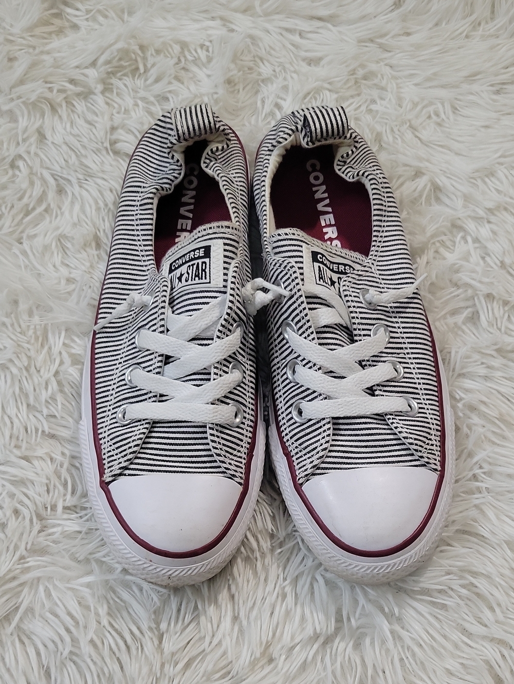 Converse Black & White Striped Low Top Sneakers with Maroon Trim